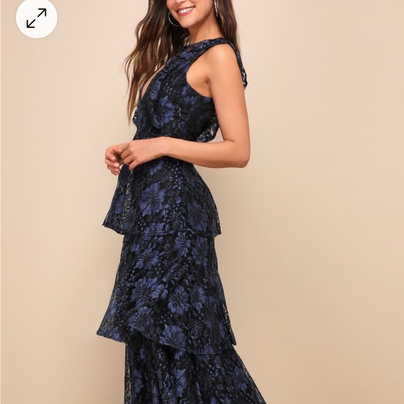 NWT Lulus Navy Blue Floral Molinetto Dress Size Large, Prom Dress, Wedding Guest - Picture 3 of 11